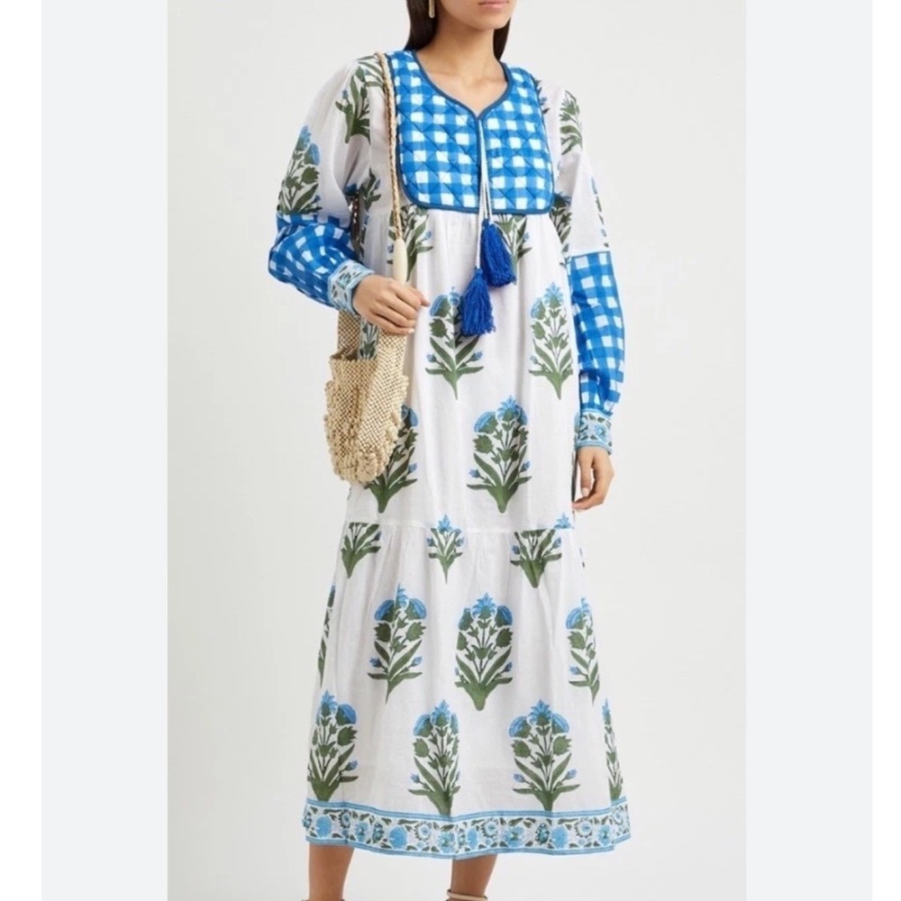 SZ Blockprints Nila Dress Blue White Floral Gingham Cotton Midi Small